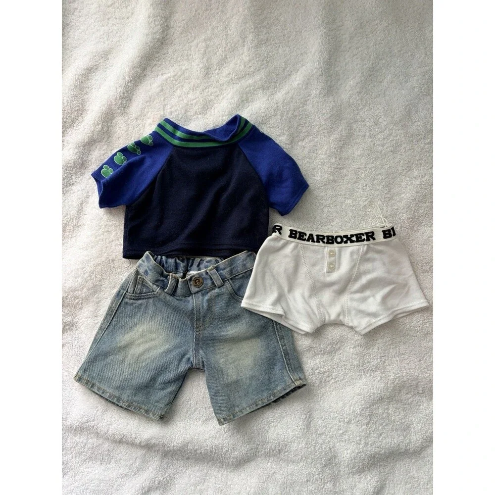 Build‑A‑Bear Blue & Green Stripe Shirt, Jeans & Boxers – Authentic BAB